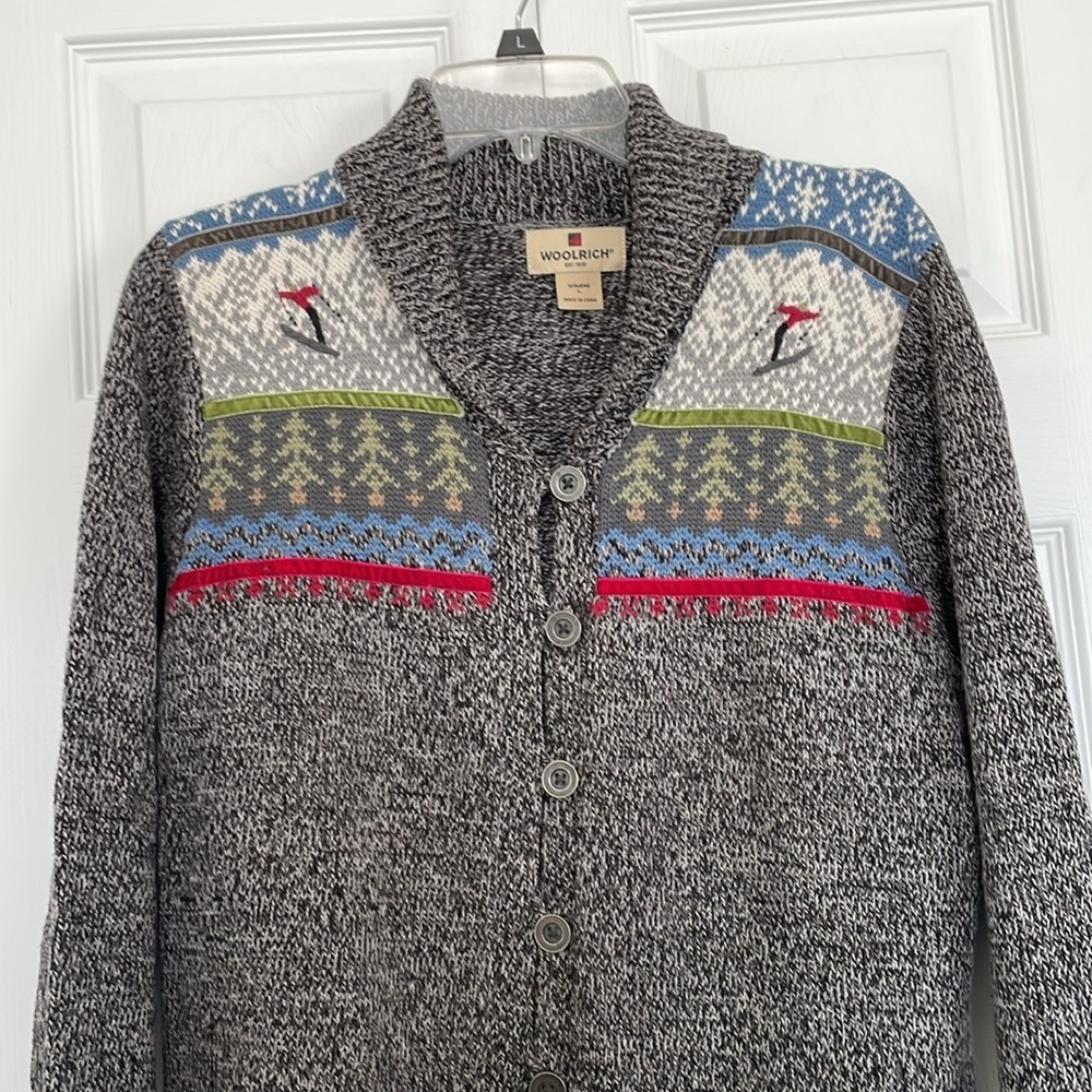 VTG Woolrich cardigan L knit Nordic shawl collar sweater skis velvet embroidered